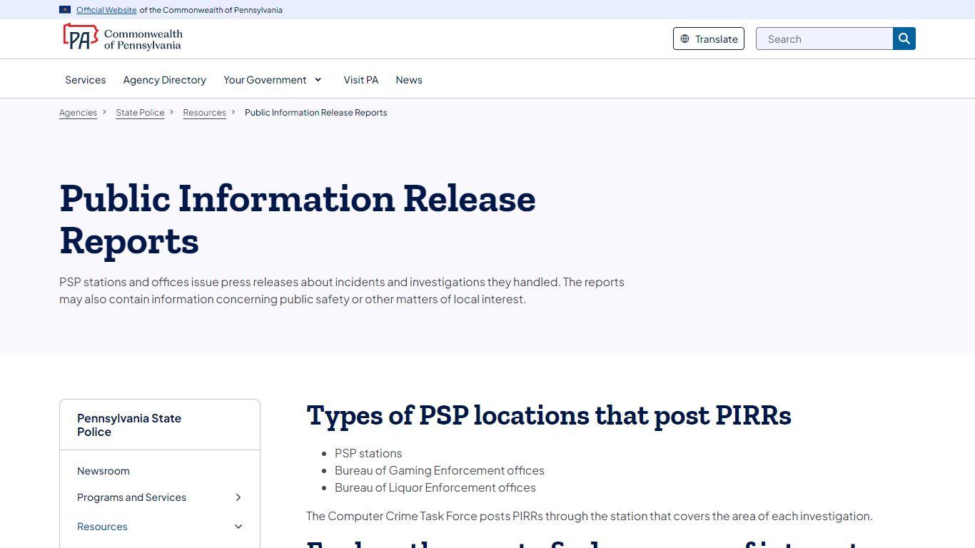 Public Information Release Reports | State Police | Commonwealth of ...