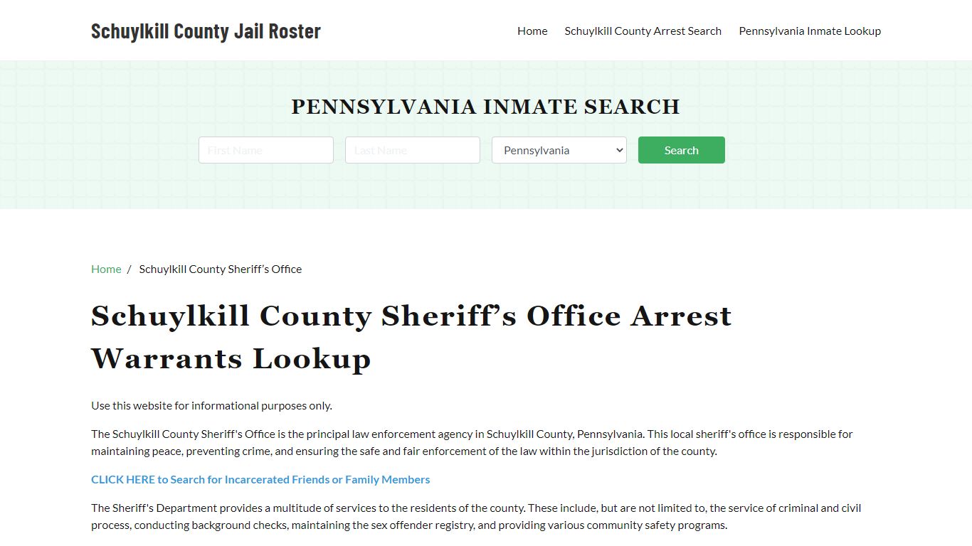 Schuylkill County Sheriff Office, PA, Arrest Warrants Search